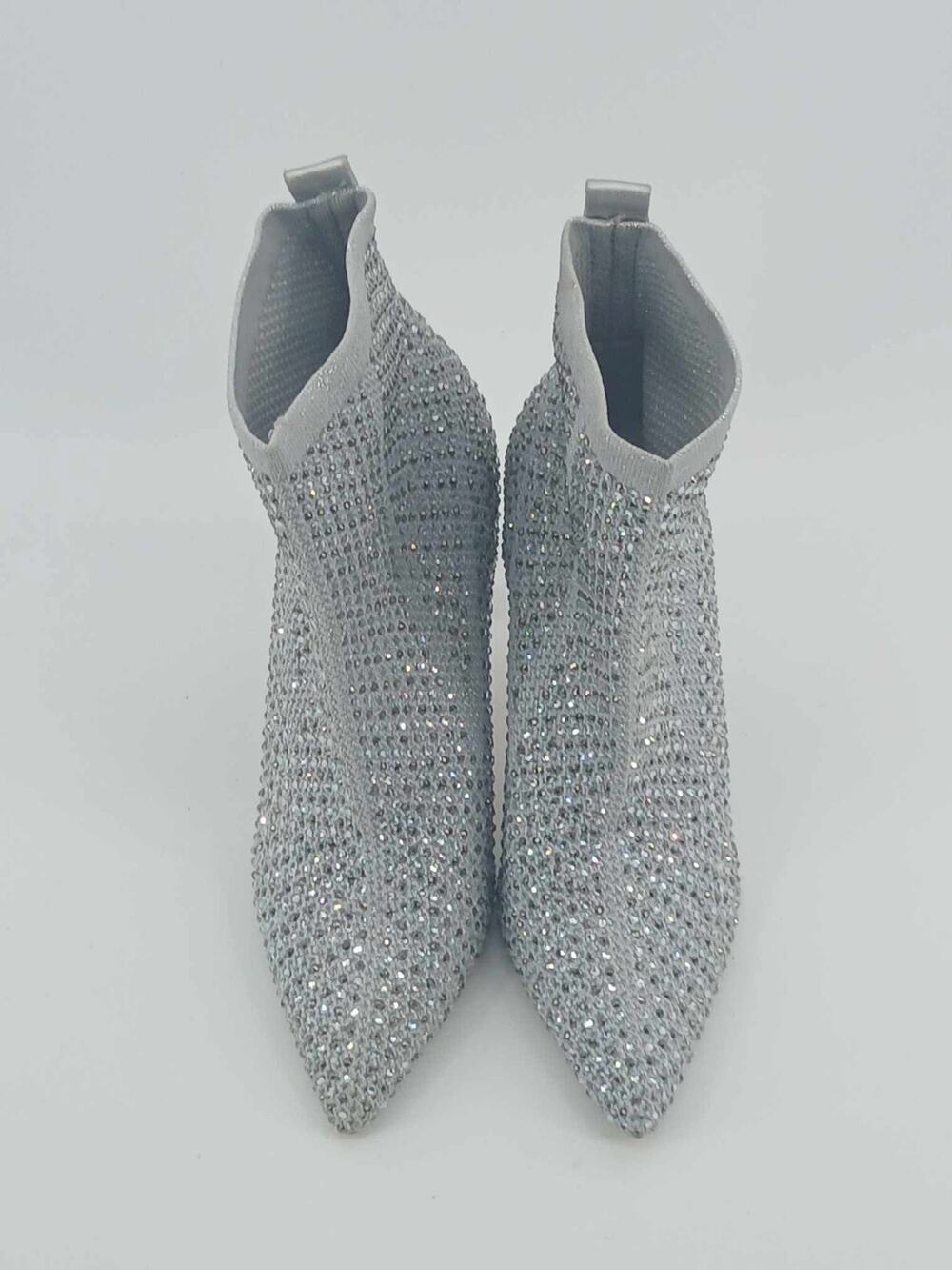 Rhinestone embellished pointed toe stiletto ankle boots, silver